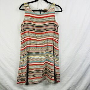 KACHEL ANTHROPOLOGIE Women's Silk Shift Dress STRIPES RED BEIGE COLORFUL SIZE  8